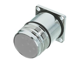Weidmüller hus til cirkulært M23-stik i kobber-zink-legering, vist skråt forfra med gevind, stikflade og firkantet flange.