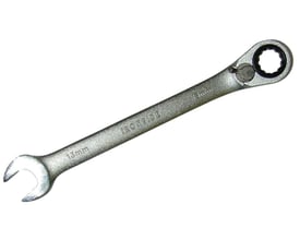 Ironside ringskraldenøgle på 15 mm og 197 mm med åbent gaffelhoved og vinklet ringhoved med skraldemekanisme.