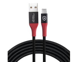 MicroConnect Safe Charge datablokerkabel på 1,5 meter med USB-A- og Lightning-stik, sort flettet kabel og røde stikskafter.