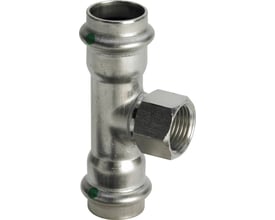 Viega Sanpress Inox t-stykke 28 x ½" x 28 mm med gevind, fremstillet af rustfrit stål med grøn markering for presning.