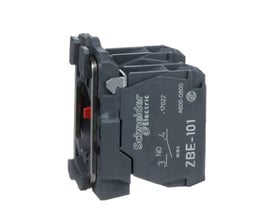 Schneider Electric kontaktelement ZB5AZ105 med 1 slutte- og 1 bryde-funktion, vist fra siden med synlige terminaler og kunststofkonstruktion.