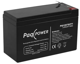 PaqPOWER blybatteri PQ1207S2T1 12V/7.2Ah med standard T1 spade terminaler på hvid baggrund.