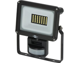 Frontvisning af Brennenstuhl 20W LED projektør med sensor, viser de gule LED-lys og BrandName logo.