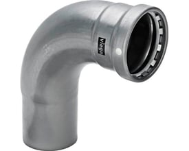 Viega Megapress S XL 90° bøjning til 114,3 mm stålrør med zink-nikkelbelægning og sort SC-Contur pakning.