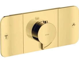 Hansgrohe AXOR One termostat i blank guld med stor rund Select-betjeningsplade og tydelige ikoner til vandudtag.