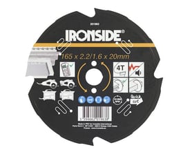 Ironside rundsavklinge til fibercement, 165 mm med fire tænder, set forfra med sort klinge og trykte symboler.