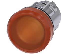 Siemens 22mm signallampe i orange, med højglans metalhus og glat, rund linse, vist med bagsiden.