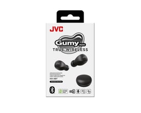 JVC Gumy Mini True Wireless in-ear høretelefoner i sort, vist på produktemballage med Bluetooth-symbol og 23 timers batterilevetid.