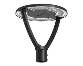 Sort LEDVANCE Urban Lantern Asym-mastetoparmatur med rund LED-lampe, vist nedefra med lysdioder og mastbeslag.