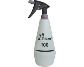 Tukan Forstøver i lysegrå plast med sort sprayhoved og lilla detaljer, 1 liters kapacitet og modelbetegnelsen 100.