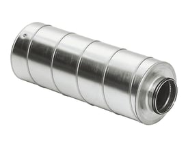Lindab lyddæmper SLU, 400x900 mm, galvaniseret stål, vist fra en vinkel der fremhæver den cylindriske form og endestykkernes design.