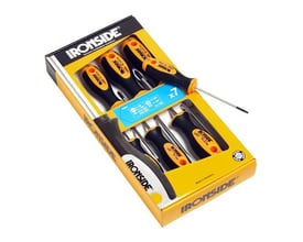 Ironside skruetrækkersæt med 7 skruetrækkere til lige kærv og PH, med orange og sorte skafter i gul æske.