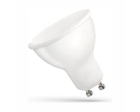 SpectrumLED GU10 LED-pære på 4 W med hvid, matteret overflade og to synlige metalstifter, set skråt forfra.