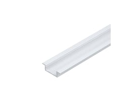 Detaljebillede af LightSolutions aluminiumsprofil til LED-strips, som viser den hvide, matte overflade og spor til lysstribe.