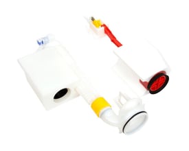 Komplet Ifö udløbsventil til sensorstyret indbygningscisterne, isoleret hvid reservedel med tydelige samlinger og gummitætninger.