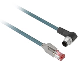 Schneider Electric PUR Ethernet kabel med M12 vinkel og RJ45 stik, 3 meter langt, isoleret med grålig kappe.