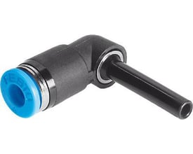Festo vinkel-stikforbindelse QSL-6H med blå push-in sleeve og et stik til 3,2 mm rør, udført i sort plast.