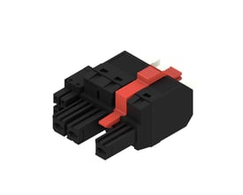 Weidmüller hybridconnector med tre poler og PUSH IN-aktuator, set skråt forfra med sort hus og rød betjening.