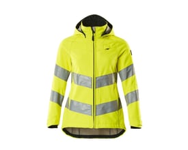 Mascot Softshell Supreme jakke til damer i hi-vis gul, str. 4XL, med reflekser og hætte.
