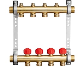 Roth messing manifold til 6+6 gulvvarmekredse uden flowmeter på fremløb, med 1" tilgang og 3/4" kompressionsnipler.