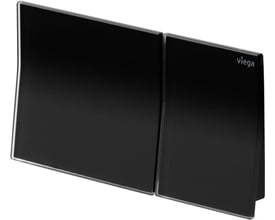 Viega Prevista Visign MORE 200 ELEKT skylleplade i sort sikkerhedsglas med Viega logo øverst til højre, 114mm bred.