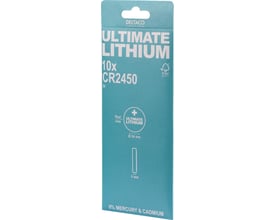 Deltaco Ultimate Lithium CR2450 3V knapcellebatterier i 10-pak, turkisblå emballage med produktinformation og FSC-logo.