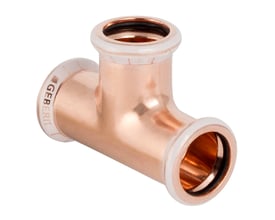 Geberit Mapress T-stykke i skinnende kobber med 22mm muffesamlinger, tydeligt Geberit logo og hvid presindikator.