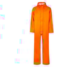 Lyngsøe Rainwear heldragt LR13 i hi-vis orange, størrelse L, fremstillet af 100% polyester med PU-belægning og hætte.