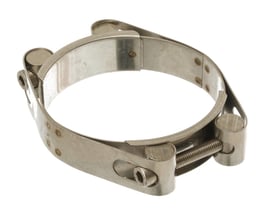 MichLar AISI316 Power Clamp spænder fra 155-165 mm med 25mm båndbredde og dobbelt M8x80 mm bolt i rustfrit stål.