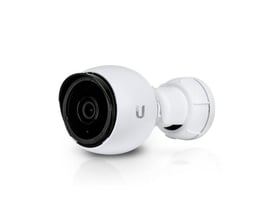 Hvidt Ubiquiti UniFi G4 bullet overvågningskamera med sort linse og vægbeslag, 1440p, PoE og IR.