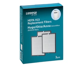 Eeese HEPA H13 erstatningsfiltre til Hugo/Otto/Anna affugtere i en 3-pak emballage med tre filtre synlige.