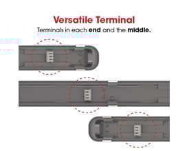 Ansell Lighting Tornado Evo L:600 armatur viser monteringsdetaljer med klemmer i hver ende og midten.