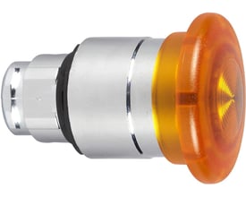 Schneider Electric Harmony Style 4 trykknap med orange LED og tryk/træk betjening, 40mm diameter, med kromfinish og hvid baggrund.