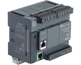 Schneider Electric Modicon TM221 PLC med Ethernet, 14 DI, 2 AI og 10 DO PNP, 24Vdc forsyning.