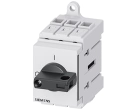 Siemens 3LD3 16A hovedafbryder, 3-polet, med drejeknap i sort og mærket 'SIEMENS' på hvid baggrund.