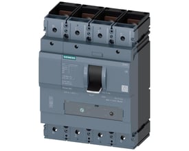 Siemens 3VA1 4-polet maksimalafbryder, 630A, med klar betjeningshåndtag og tydelige mærkninger for spænding og strømstyrke.