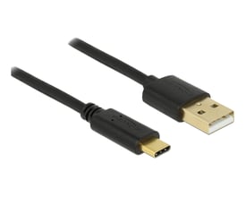 Sort Delock USB 2.0-kabel på 2 meter med USB Type-A- og USB Type-C-stik, vist diagonalt.