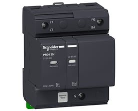 Schneider Electric overspændingsafledning PRD1 25R, 1P+N type 1 overspændingsbeskytter med tydelig mærkning og udskiftelige patroner.