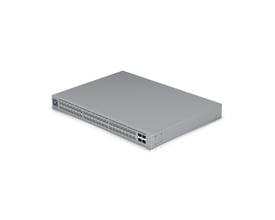 Ubiquiti UniFi Pro Max 48 switch med 48 Etherlighting porte og en blank grå overflade, vist fra venstre vinkel på sort baggrund.