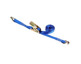 Blå surring med skralde og krog til godsfæstning, 5 meter lang og 25 mm bred, med 500 kg kapacitet.