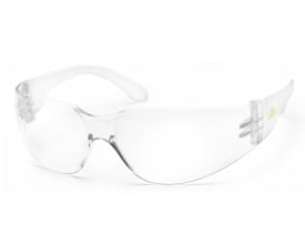 Klare V110 beskyttelsesbriller fremstillet af gennemsigtig plast med buede stænger og linser. Brillerne er placeret på en hvid baggrund.