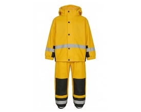 Lyngsøe Rainwear F1552 regnsæt i gul og sort til 4-årige, med hætte, refleksbånd og sorte forstærkninger.