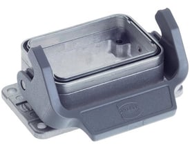 Nærbillede af Harting chassishus Han 6B, viser aluminiumskonstruktion og grå lukke bøjle.