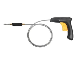 Ironside Flex afløbsrenser på 1,2 meter med grå, oprullet slange, metalspids og sort-gult håndtag.