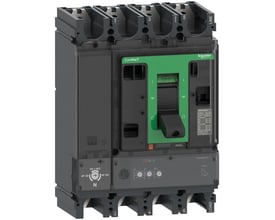 Detaljeret billede af Schneider Electric ComPacT NSX630R maksimalafbryder, der viser mærkat med specifikationer, "MicroLogic 2.3" og justeringsmuligheder for beskyttelse.
