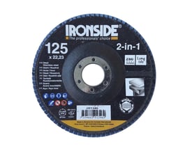 Ironside konisk 2-in-1-lamelrondel med blå slibelameller, 125 mm og kornstørrelse 80 til stål og rustfrit stål.