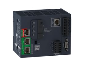 Schneider Electric M262 motion controller med 3 ns/inst udførelseshastighed og 16 AX-kapacitet, vist fra siden med Ethernet-, Sercos- og serielforbindelser.