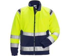 Kansas Fristads Hi-Vis fleecejakke i gul og marineblå, str. 2XL, med reflekser på bryst, ryg og ærmer.