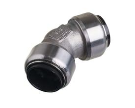 Nærbillede af Roth vinkel 45 gr. 22 mm, rustfri indstikfitting viser detaljer og mærkning på stålet.