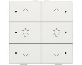 Niko dæmpertryk i hvid til lysstyring af to lyskredse med LED-indikator og ikon for lyspære. Det hvide tryk har en opadgående pil og en lyspære ikon samt LED-indikator.